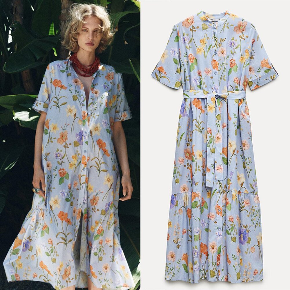NEW ZARA floral print dress 2183/073 blue dress size M